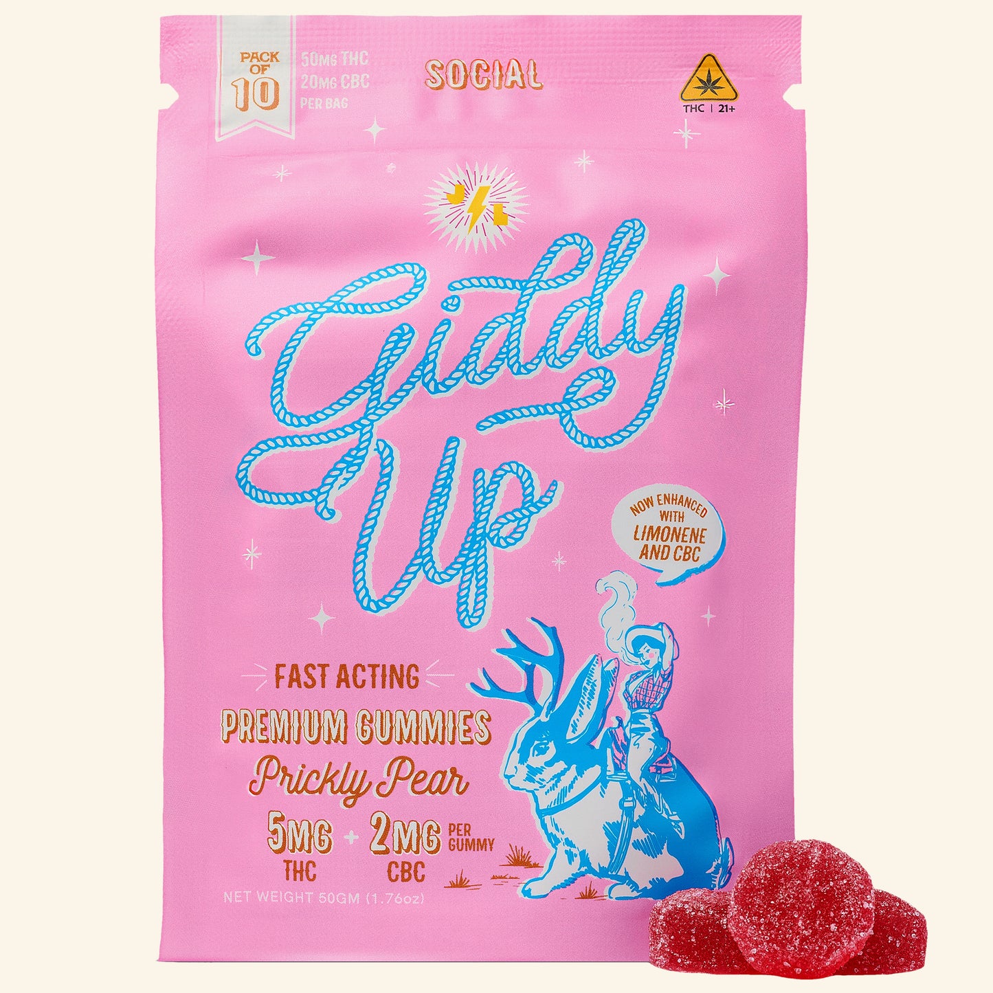 5MG Giddy Up Gummies in Prickly Pear (SOCIAL) with THC, CBC & Limonene